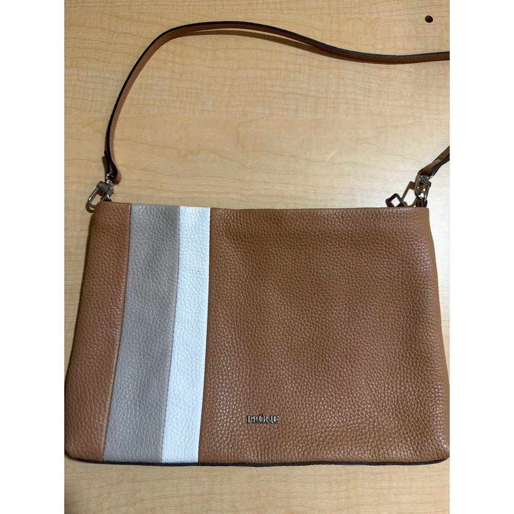 Prüne Pebbled Leather Crossbody Bag Tan Grey White Striped Slim Clutch